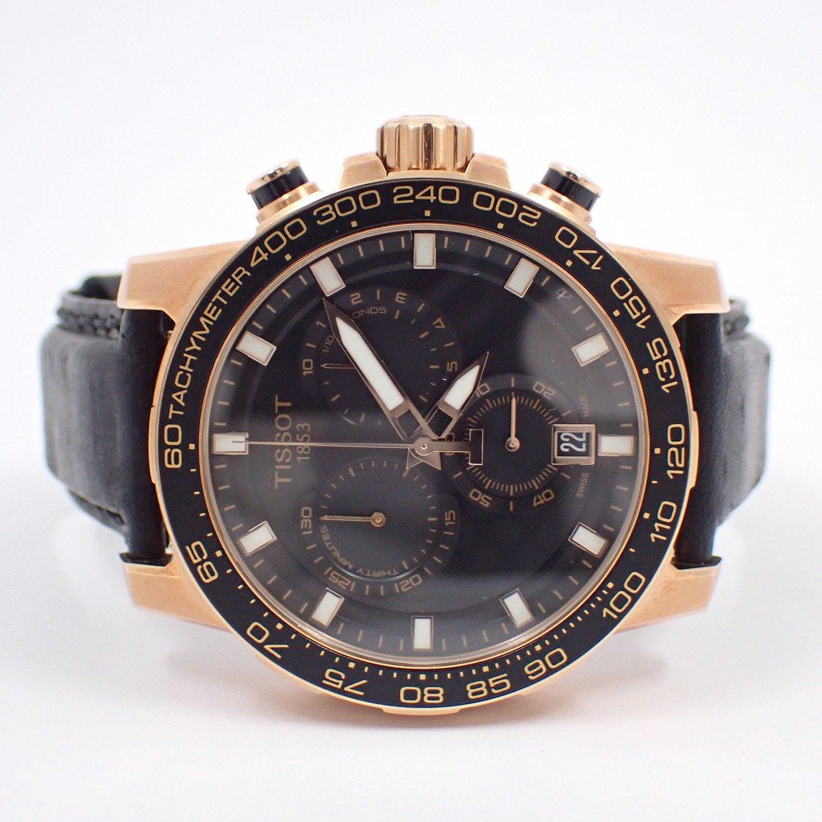 TISSOT ティソ スーパースポーツ クロノグラフ クォーツ メンズ 腕時計 PG色 黒文字盤 革ベルト T 125 617 36 051 00