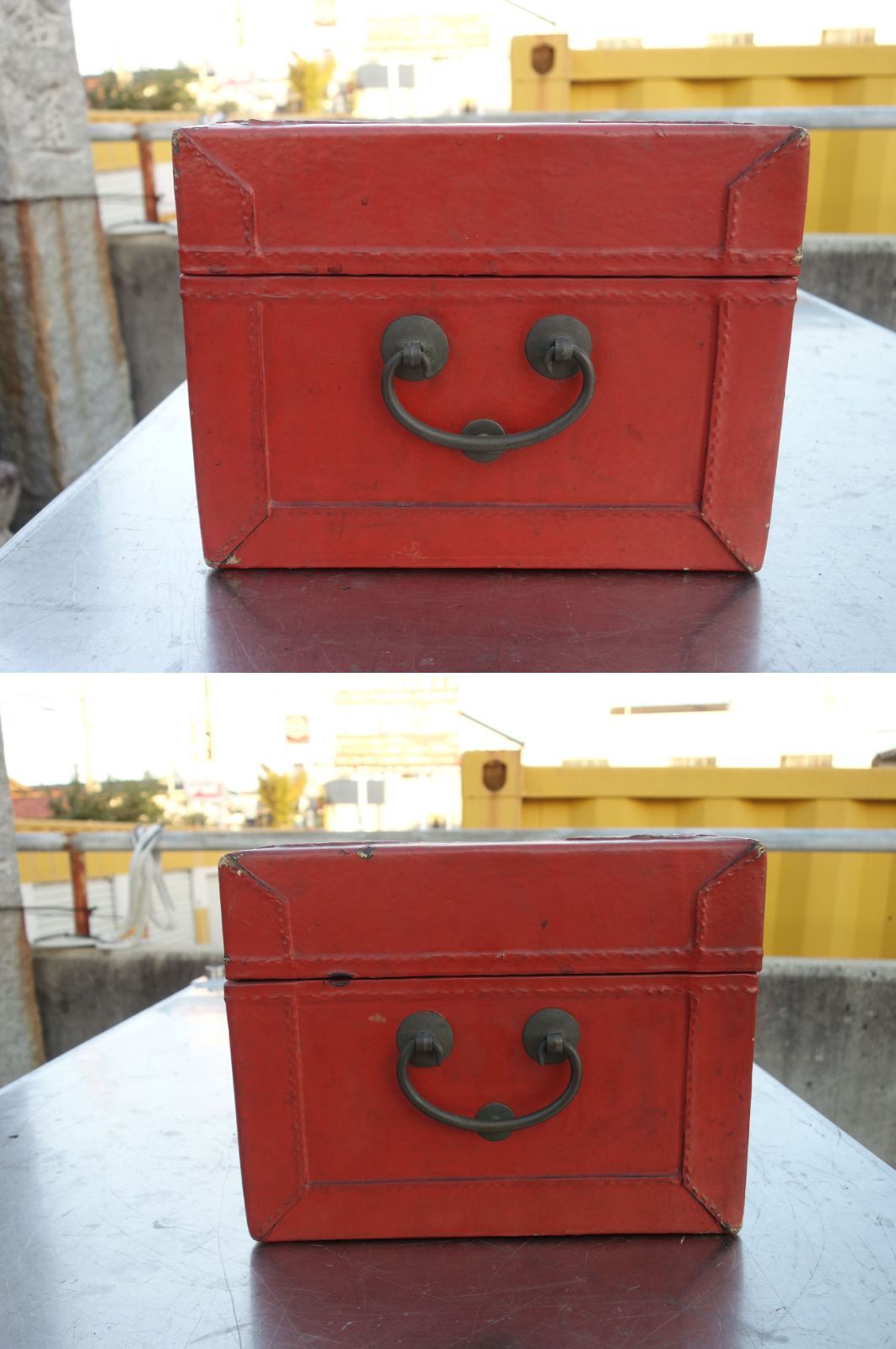 K 中国 志那 赤 トランク 鞄 かばん カバン 箱 収納 衣装ケース 薬箱 皮 革 模様 掛金 留め具 金具 行李 こうり 38925