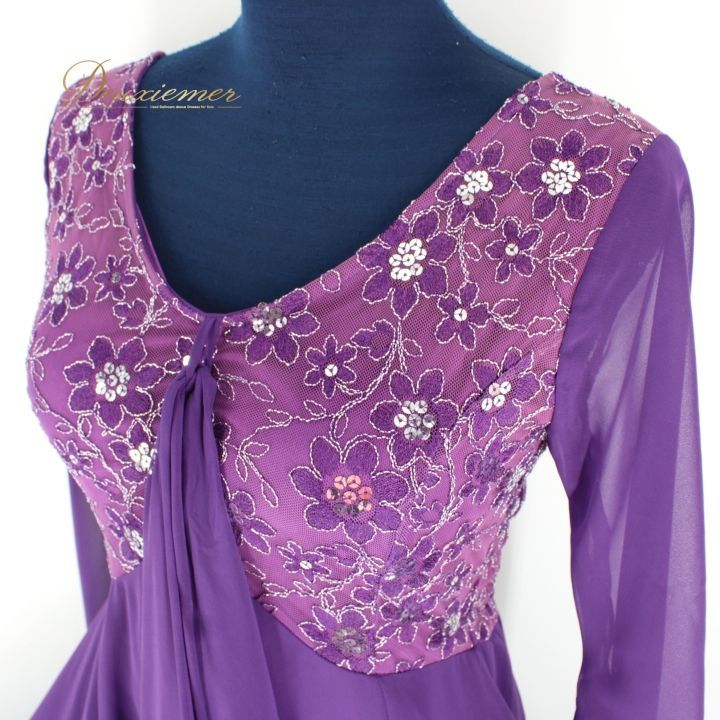 社交ダンス 衣装 ドレス ワンピース パーティ衣装 女性用 レディース オールシーズン 紫 花柄 スパンコール パープル系 派手 鮮やか パープル 二重スカート ボリューム 優雅 花柄デザイン シャーリング加工 結婚式 発表会 フォーマルイベント