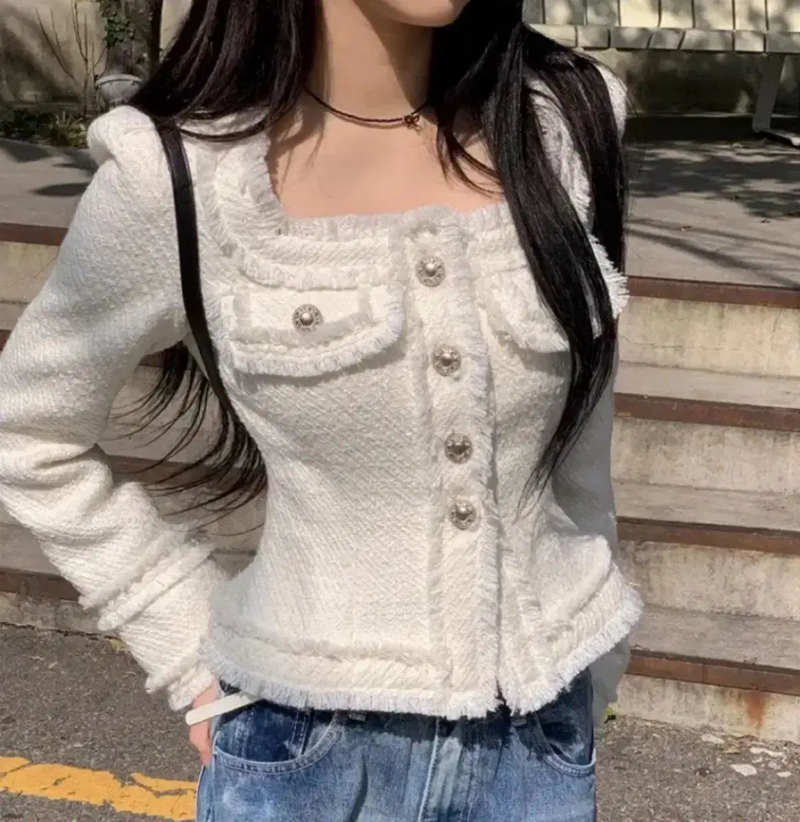 モディムード スクエアネック LINE ツイード コート ジャケット