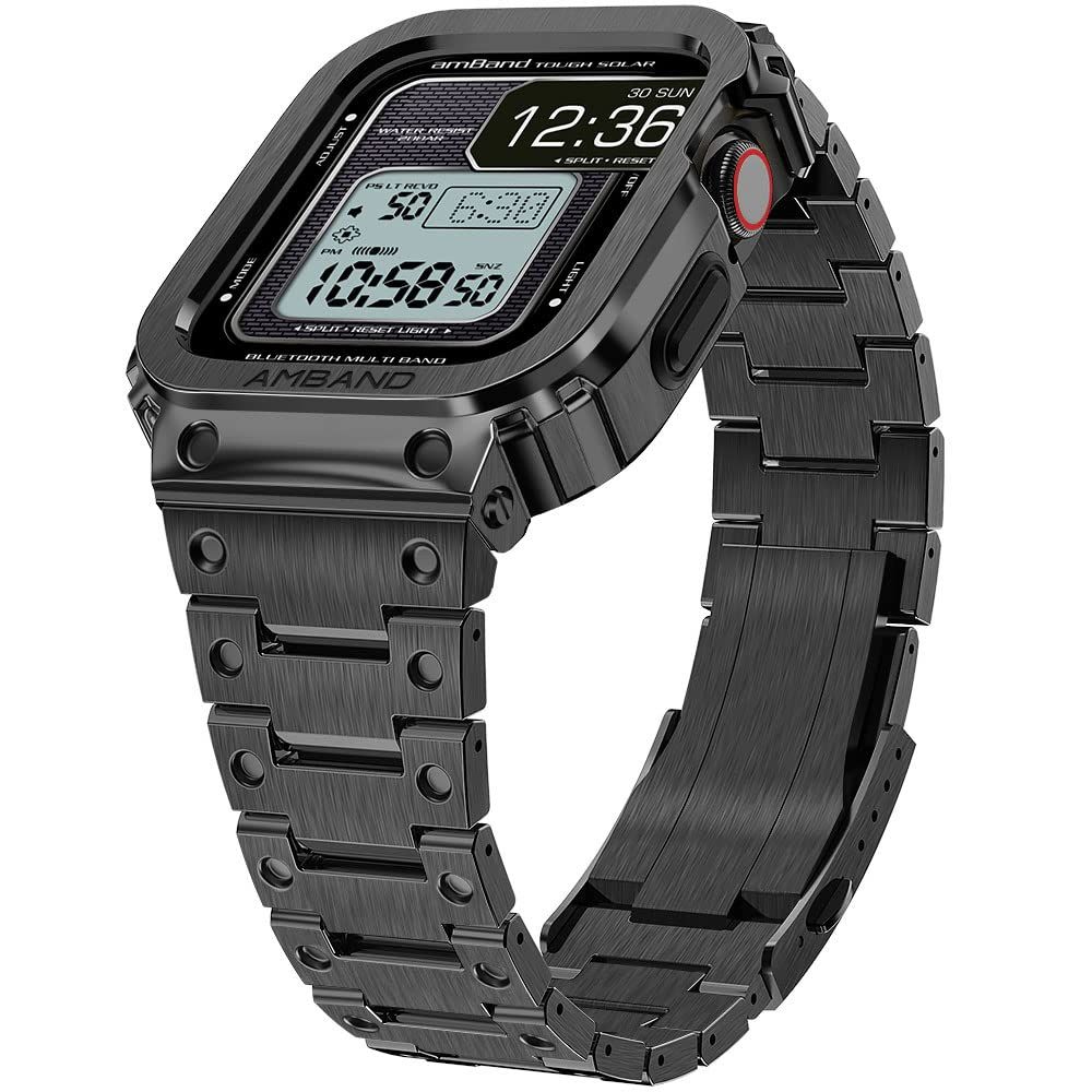 2025改良モデル コンパチブル for Apple Watch バンド ステンレス ケースバンド 一体型 44 mm Series 6 SE 5 4に対応 メンズメタルベルト 耐久性 耐衝撃 調整簡単 長さ調整器具付き ブラック