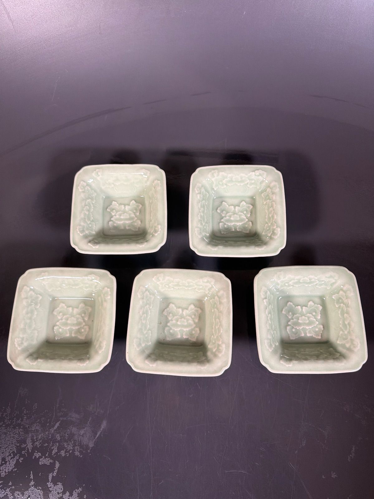 江戸後期 三田青磁 牡丹陽刻図向付 5客セット 骨董 古美術