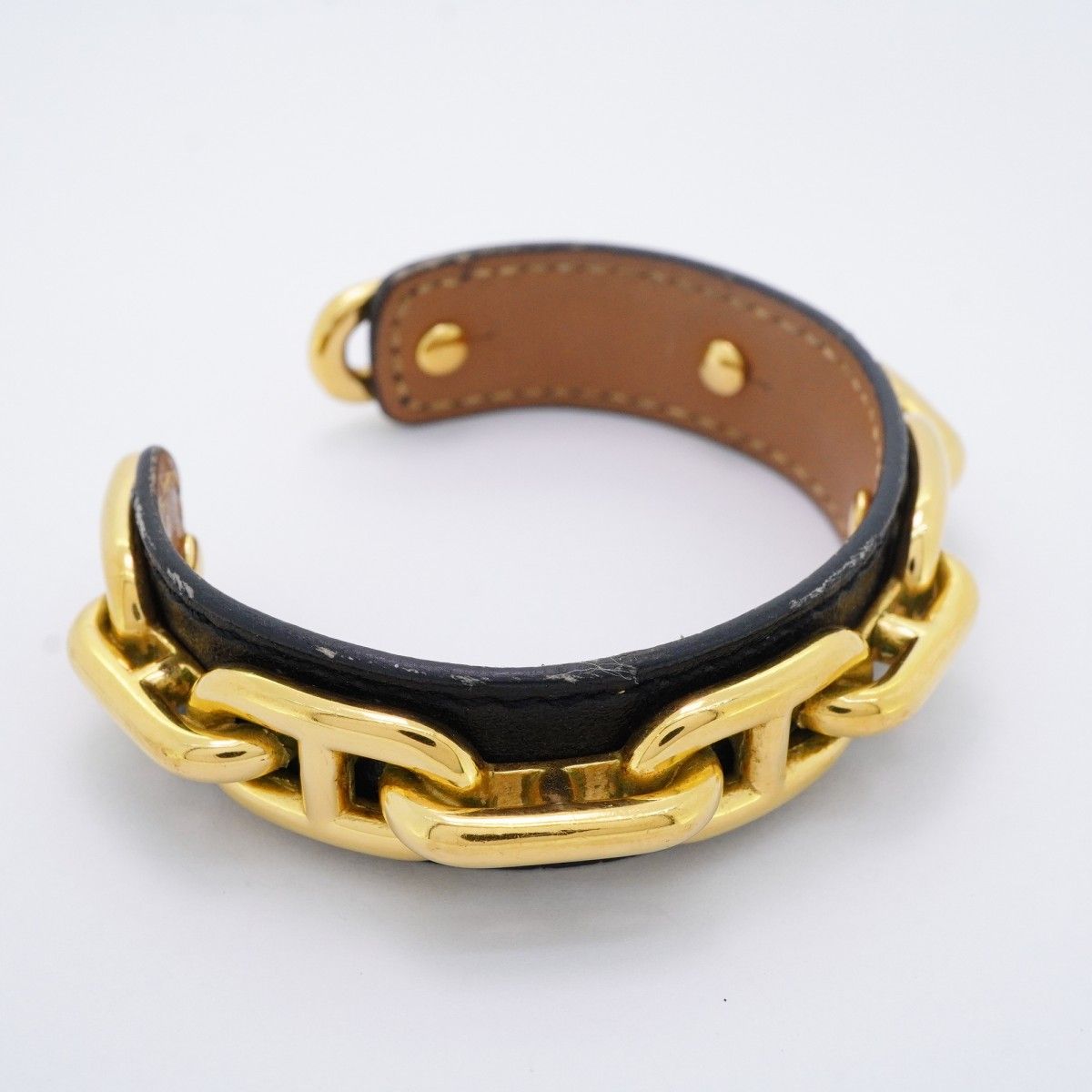 5 jmb 0736 エルメス バングル シェーヌダンクル GPメッキ レザー ゴールド ブラック レディース