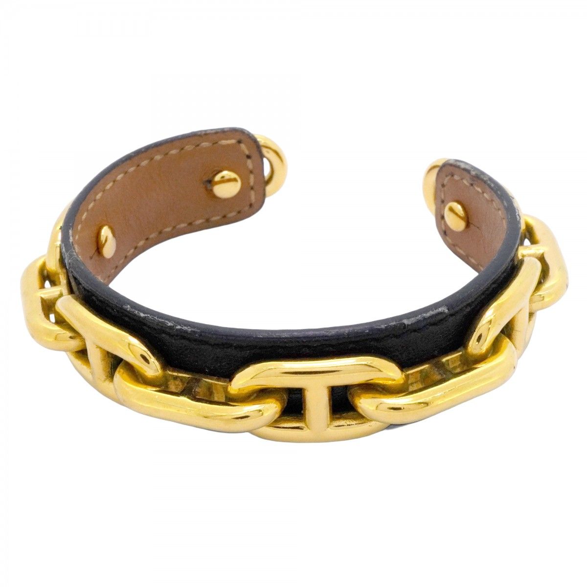 5jmb0736 エルメス バングル シェーヌダンクル GPメッキ レザー ゴールド ブラック レディース