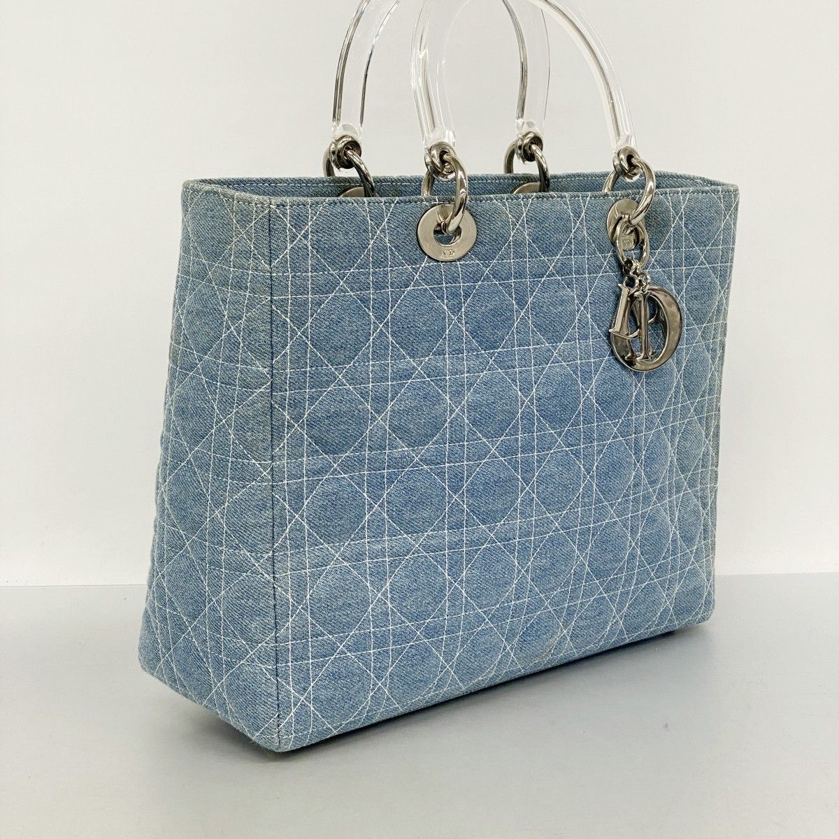 5ob0567 クリスチャンディオール ハンドバッグ カナージュ レディディオール デニム ブルー シルバー金具 2wayバッグ レディース