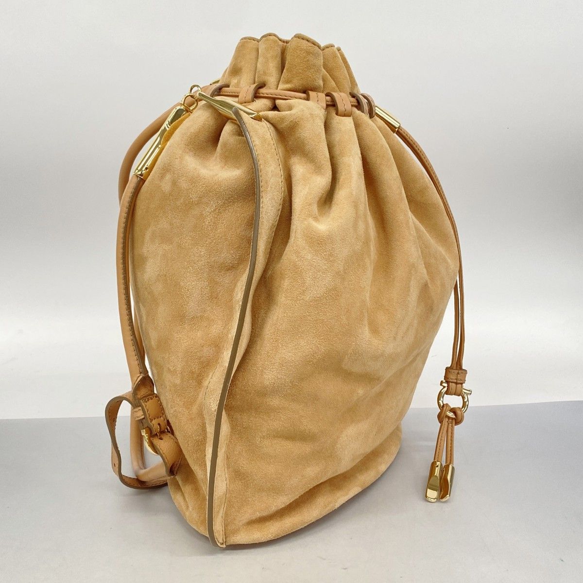 5ob0722 サルヴァトーレフェラガモ ショルダーバッグ ガンチーニ スウェード レザー ベージュ ゴールド金具 レディース