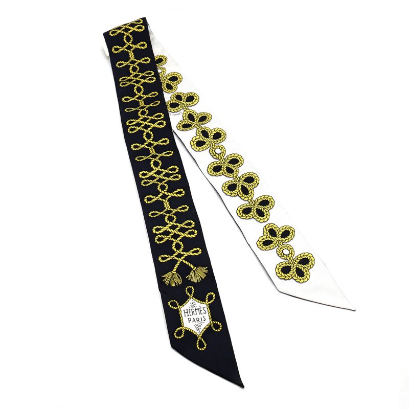 楠本質店 元住吉 エルメス HERMES ツイリー スカーフ 飾緒とブランデンブルク飾り 黒 ブラック ゴールド 白 ホワイト シルク100%