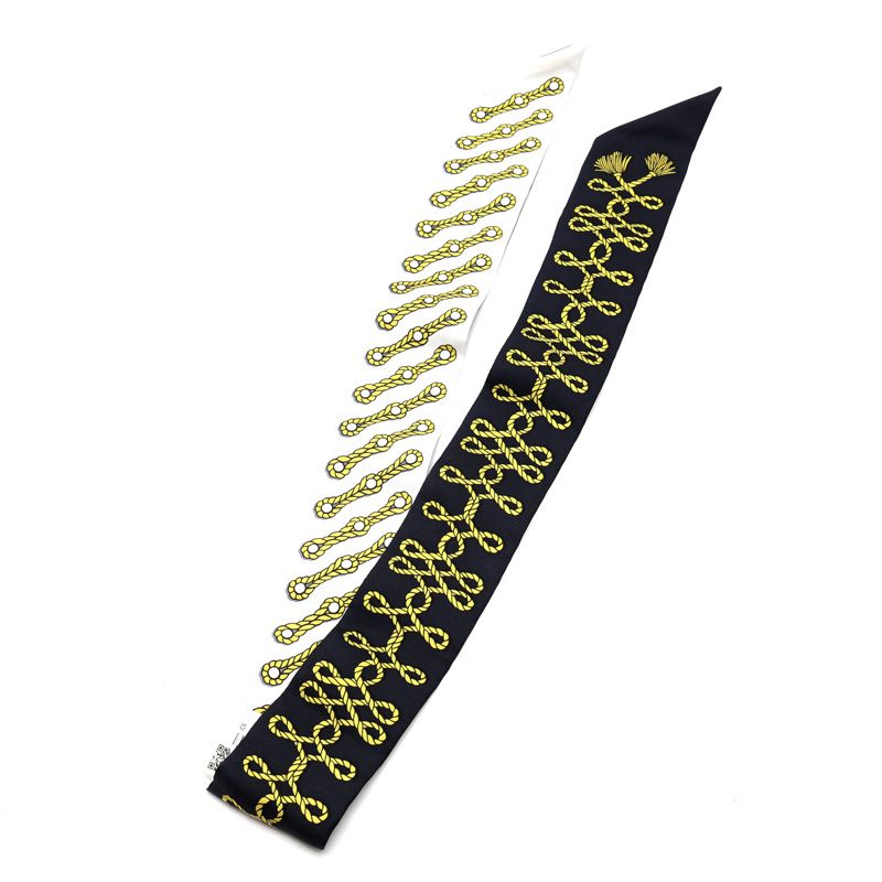 元住吉 エルメス HERMES ツイリー スカーフ 飾緒とブランデンブルク飾り 黒 ブラック ゴールド 白 ホワイト シルク100％