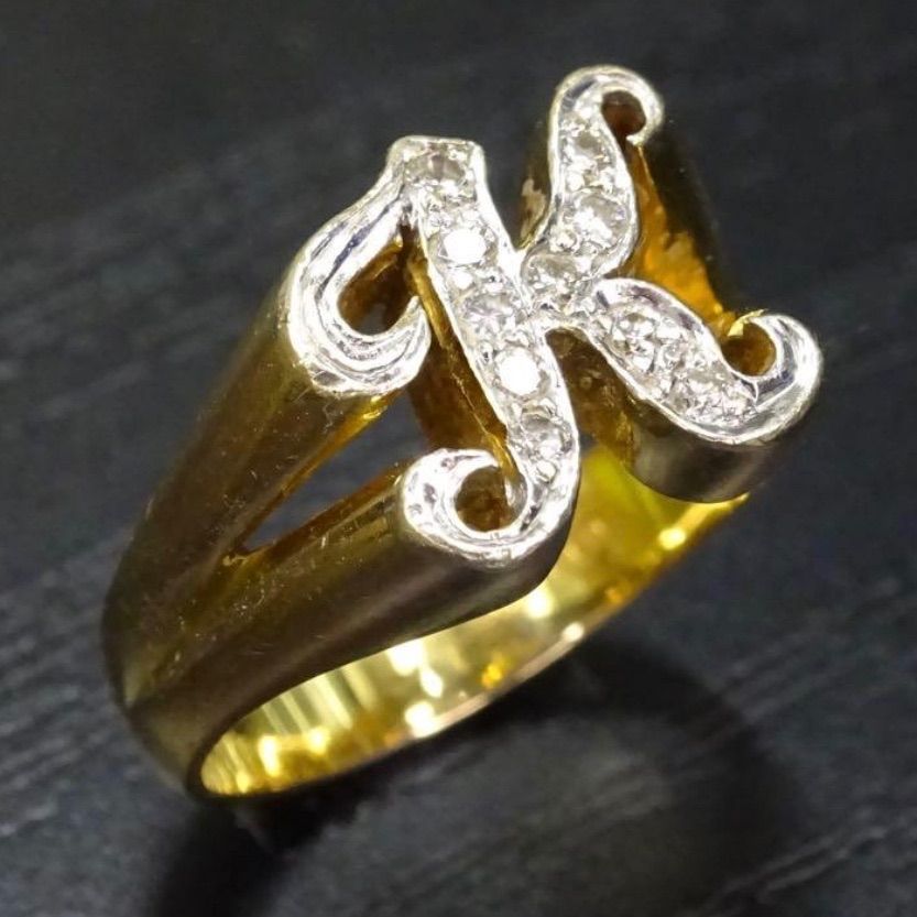  14金イエローゴールド ホワイトゴールド 14 K 585 天然ダイヤモンド10粒 イニシャル デザイン リング 指輪 約9号半 総重量約5.55 g ジュエリー 宝石 貴金属 メンズ レディース 男女兼用 リング 指輪 アクセサリー