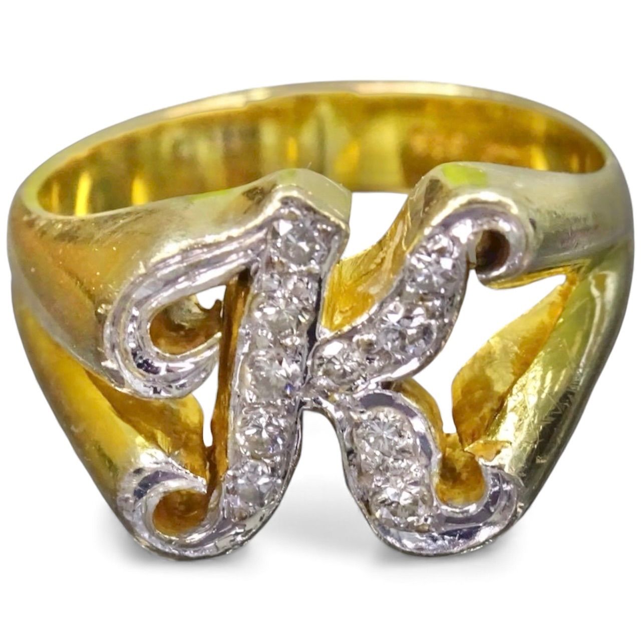 14金イエローゴールド ホワイトゴールド 14K K14 585 天然ダイヤモンド10粒 イニシャル K デザイン リング 指輪 約9号半 総重量約5.55g ジュエリー 宝石 貴金属 メンズ レディース 男女兼用