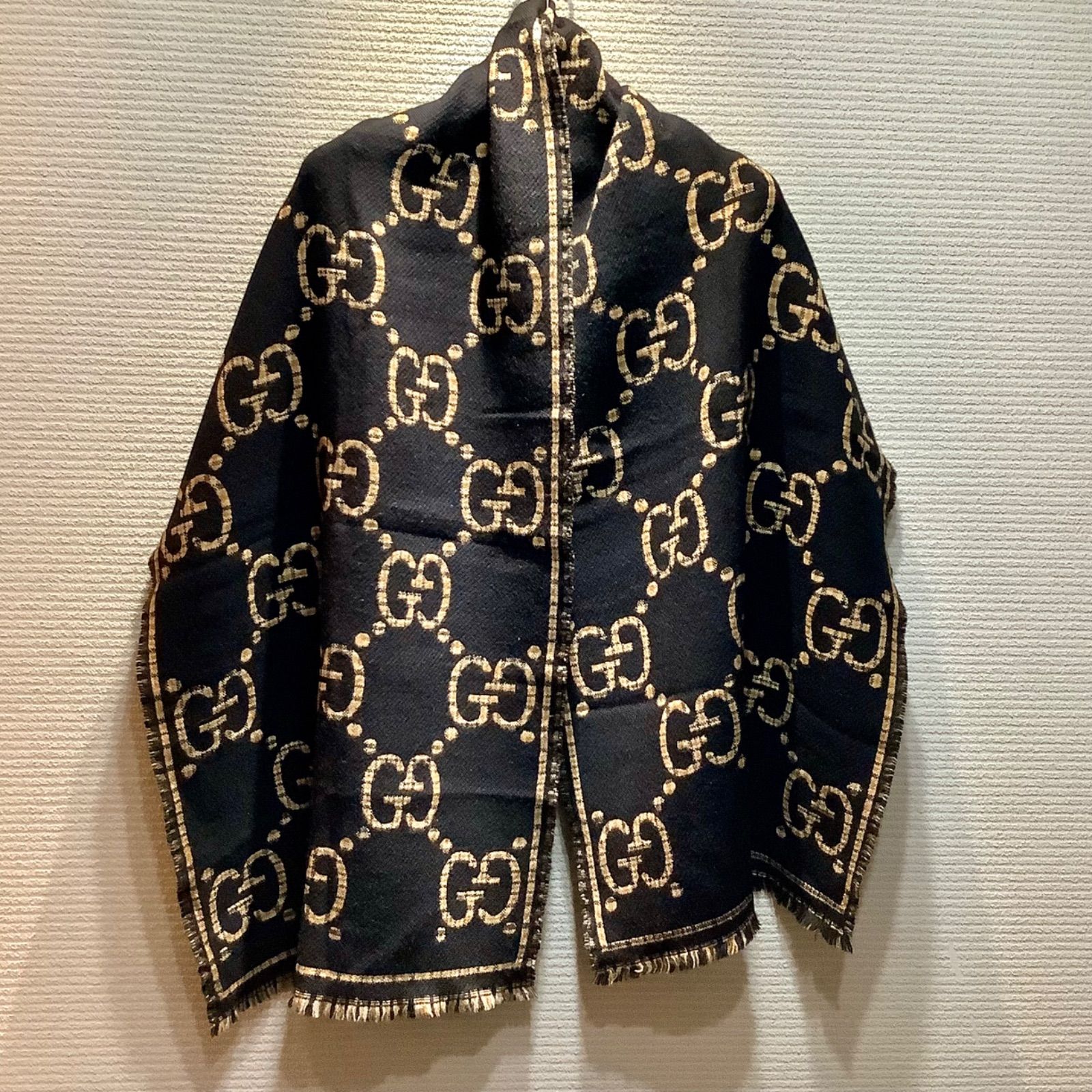 グッチ GUCCI 660025 4 G 386 1079 GG ジャガード ウール マフラー 黒 ブラック 茶 ブラウン チェック柄 1111 T E 2