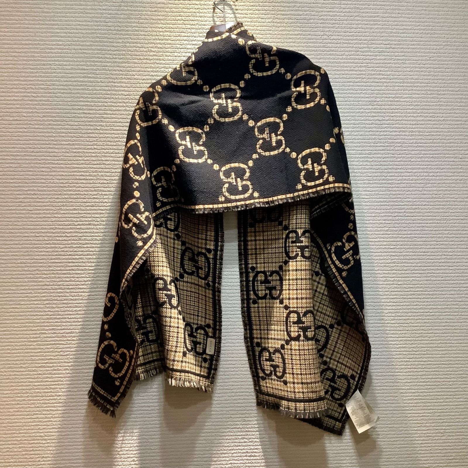  グッチ GUCCI 660025 4 G 386 1079 GG ジャガード ウール マフラー 黒 ブラック 茶 ブラウン チェック柄 1111 T E 2 マフラー 小物