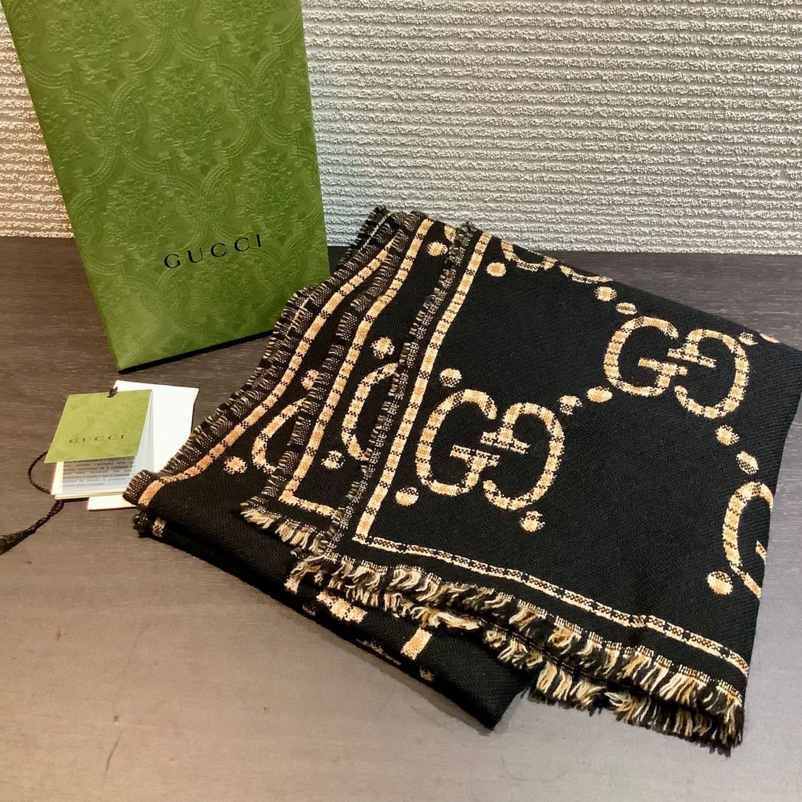 グッチ GUCCI 660025 4G386 1079 GG ジャガード ウール マフラー 黒 ブラック 茶 ブラウン チェック柄 G1111 T4 E2