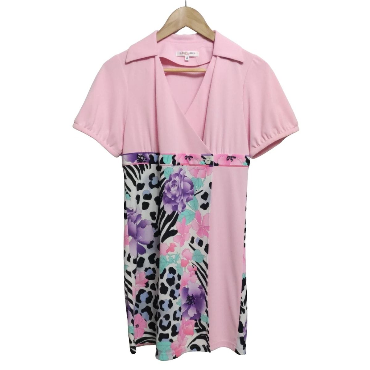 LEONARD SPORT レオナールスポーツ ワンピース サイズ40 M レディース - ピンク×白×マルチ 開襟 半袖 ひざ丈 花柄 豹柄