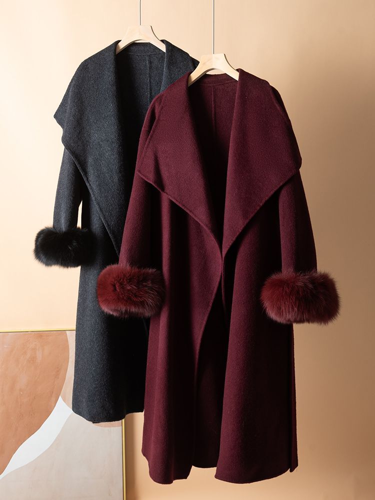 お洒落冬レディースウールコートロングコート暖か袖フォックスファーコート
