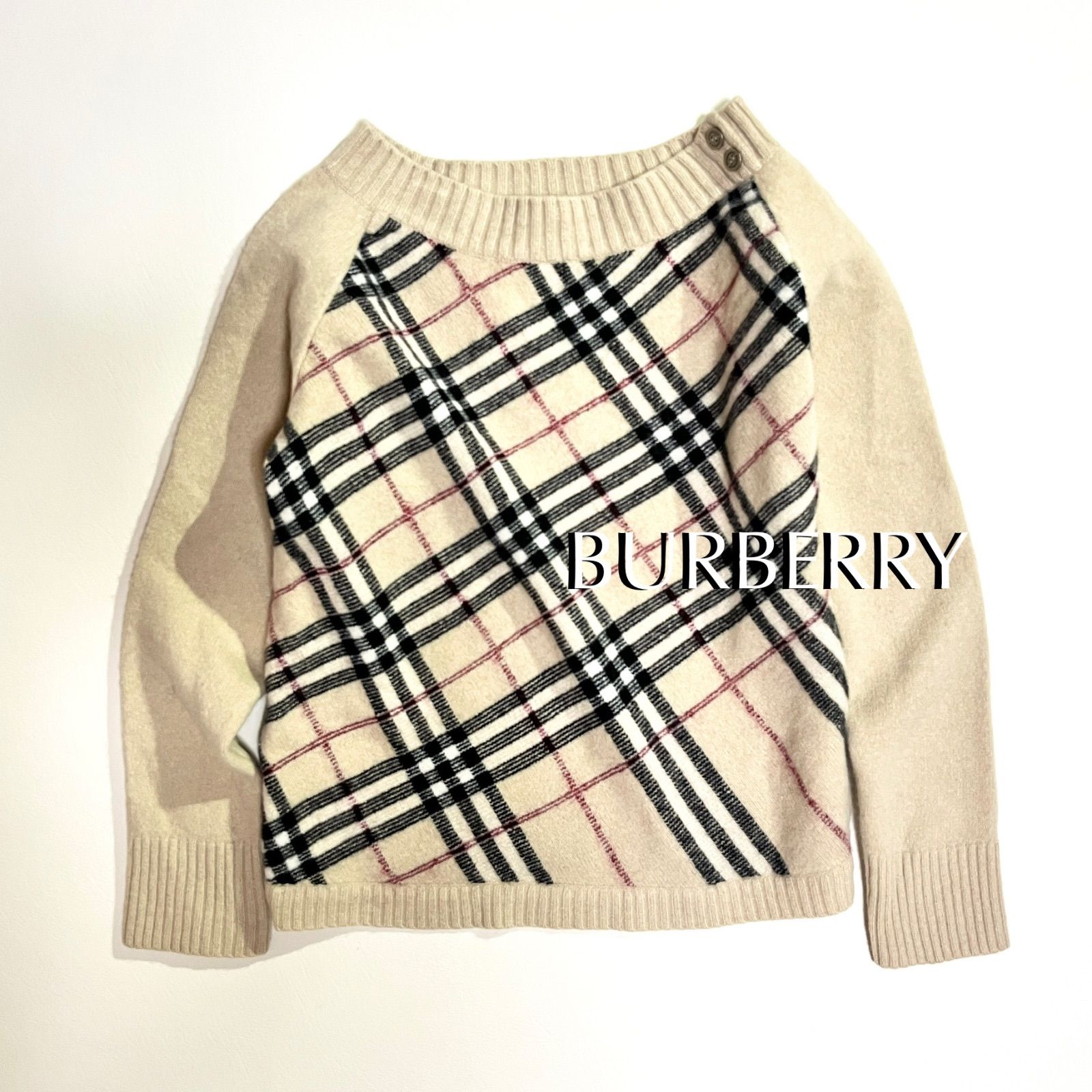 ck21a BURBERRY カシミヤ ノバチェック ニット セーター 総柄 チェック柄 ウール 毛 ボートネック ボタン ベージュ バーバリー