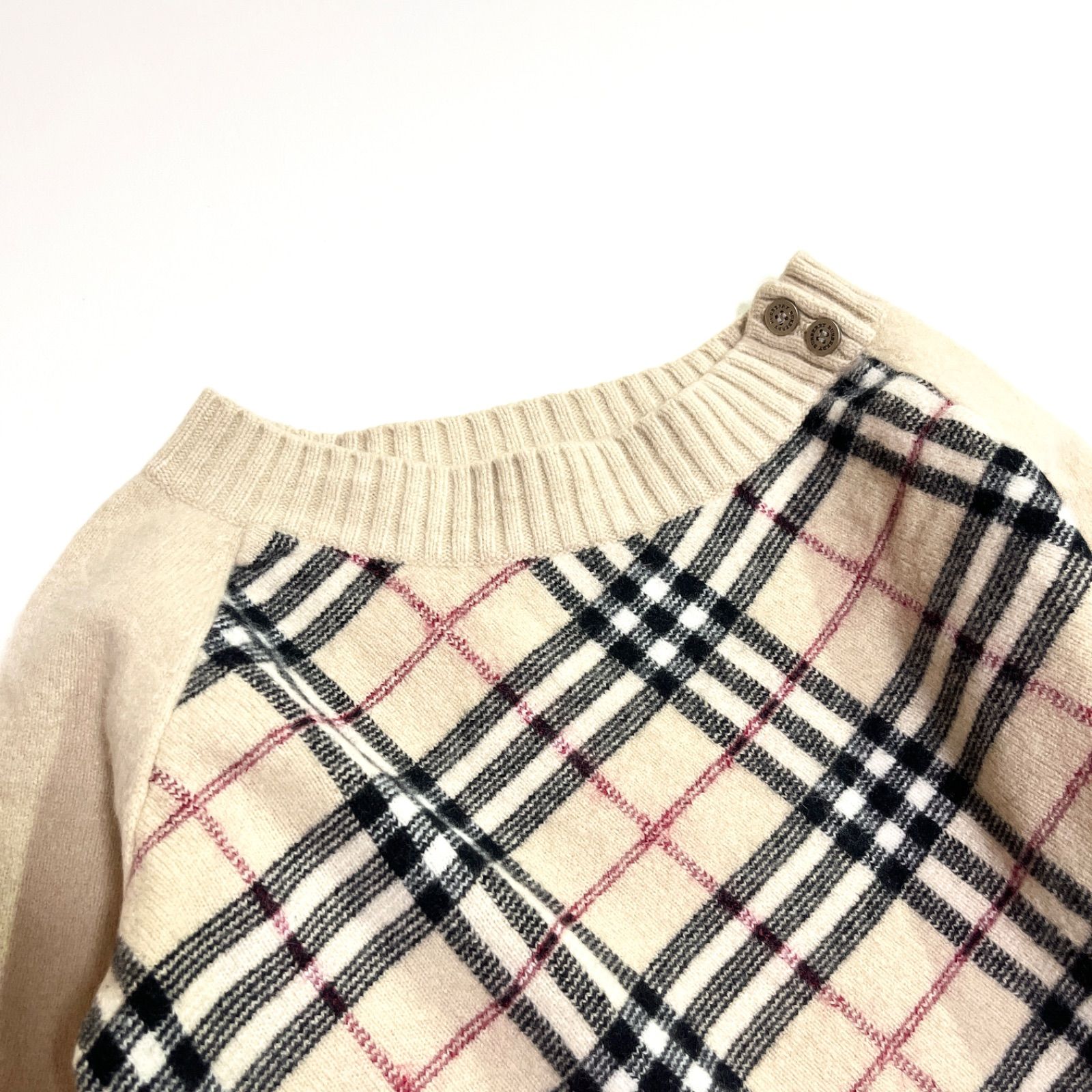 ck21a BURBERRY カシミヤ ノバチェック ニット セーター 総柄 チェック柄 ウール 毛 ボートネック ボタン ベージュ バーバリー