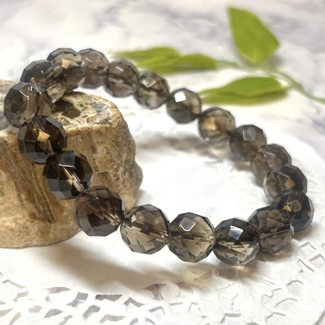 E16376】10㎜ カット スモーキークォーツ 煙水晶 ブレスレット Smoky