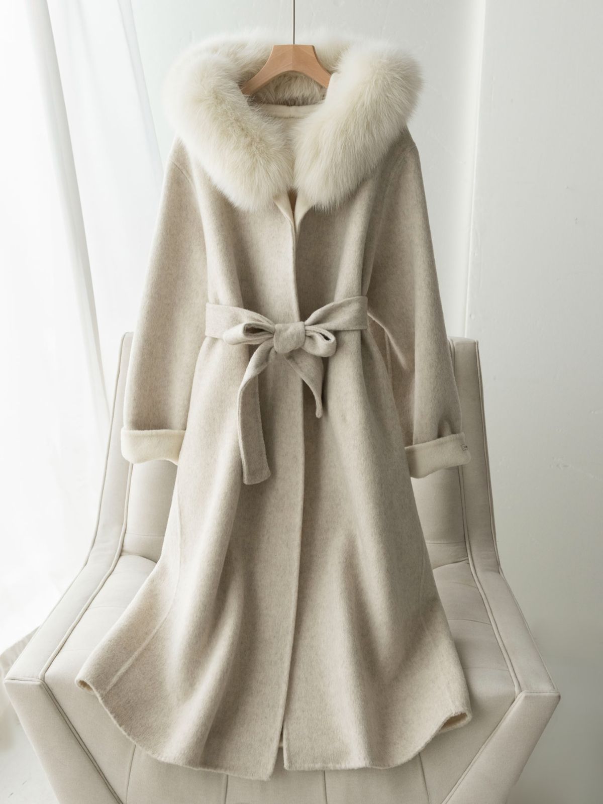 お洒落冬レディースウールコートロングコート暖か豪華フォックスファーフードコート