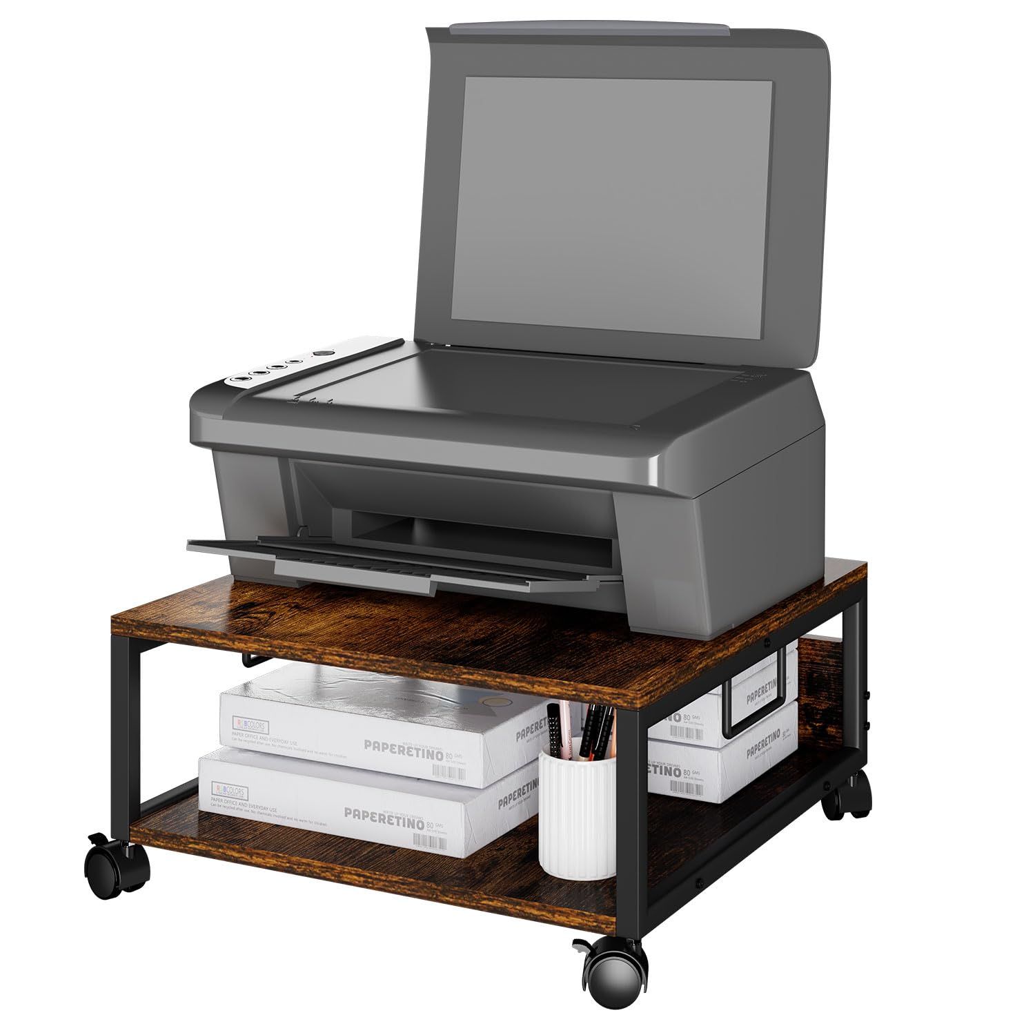 IBUYKE プリンター台 2段 オフィスワゴン 卓上収納 収納 デスク下 総耐荷重50kg キャスター付き 幅50cm 奥行50cm 高さ24cm ブラウン JPTLJ008H
