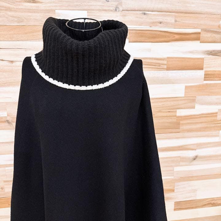 ザラ ボリューム アシンメトリー ロング ポンチョ コート S 黒×白 ウール ブレンド タートルネック モノトーン