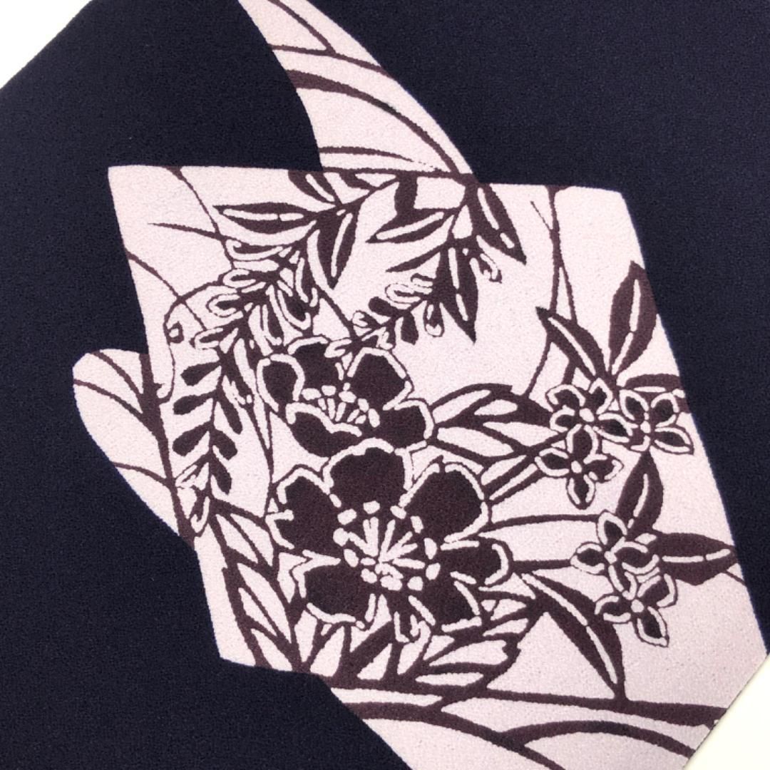 名古屋帯 型染 菱形に花柄模様 縮緬 紫褐色 O-5690