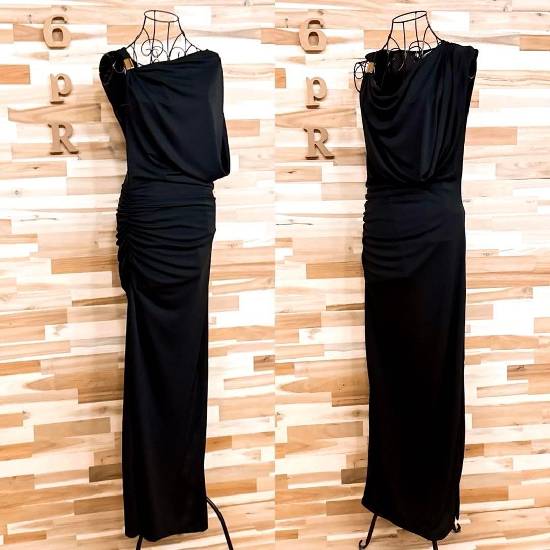 ザラ アシンメトリー ドレープ ノースリーブ ロング ドレス ワンピース M黒ブラック シンプル 無地 スリット ギャザー