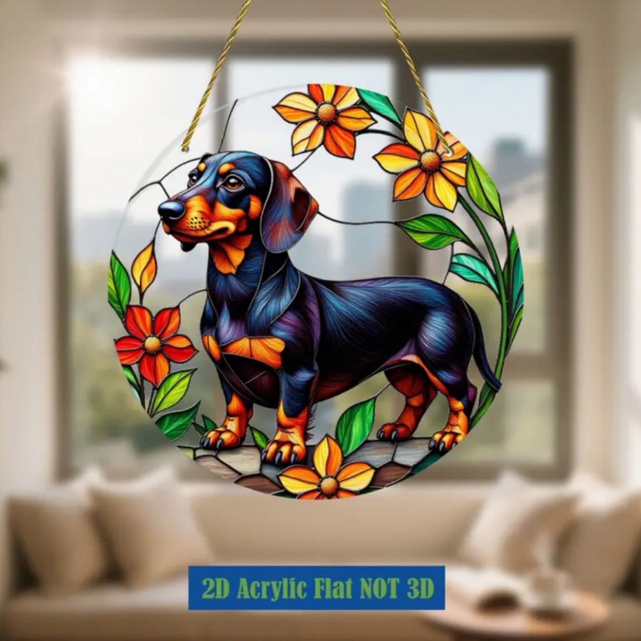サンキャッチャー ステンドグラス風 ミニチュアダックスフンド 幸運を