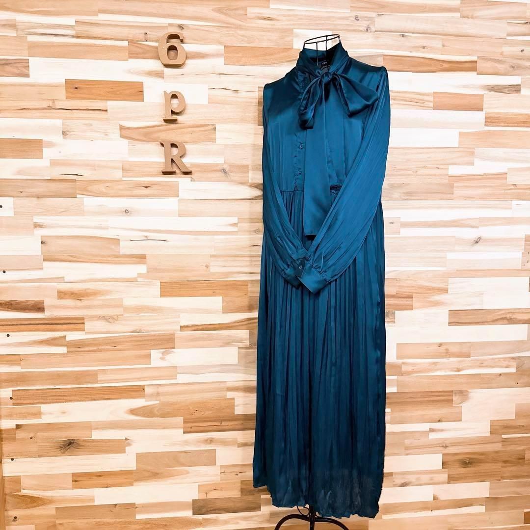 ザラ タイ付き サテン プリーツ ロング ドレス ワンピース 長袖 S 緑グリーン 切り替え リボン スカーフ巻き 光沢