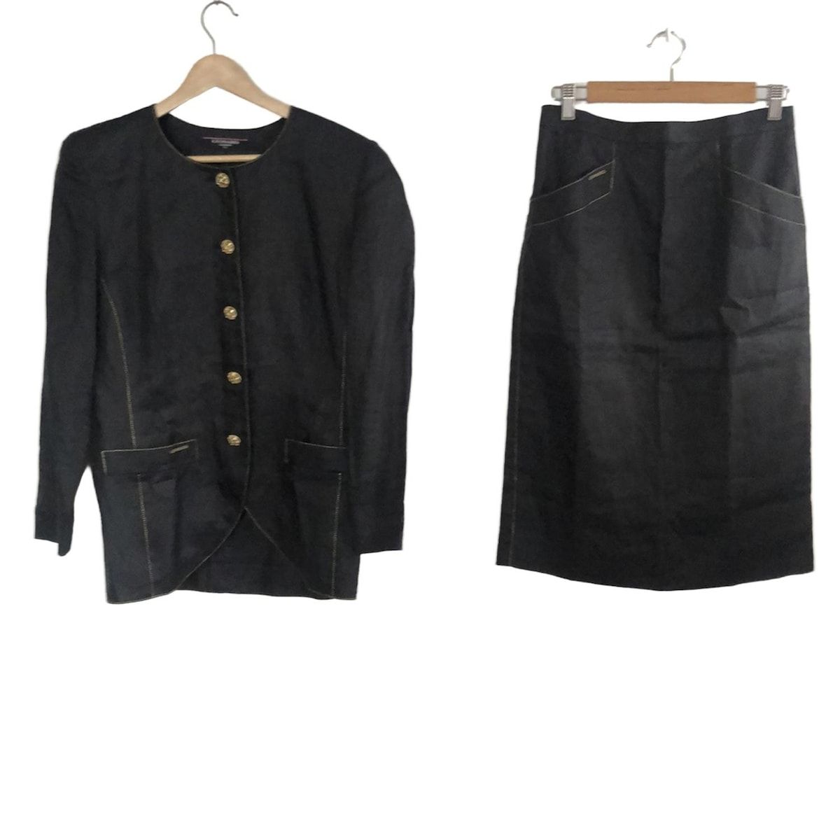 LEONARD レオナール スカートスーツ レディース - 黒 麻 ラメ ラインストーン