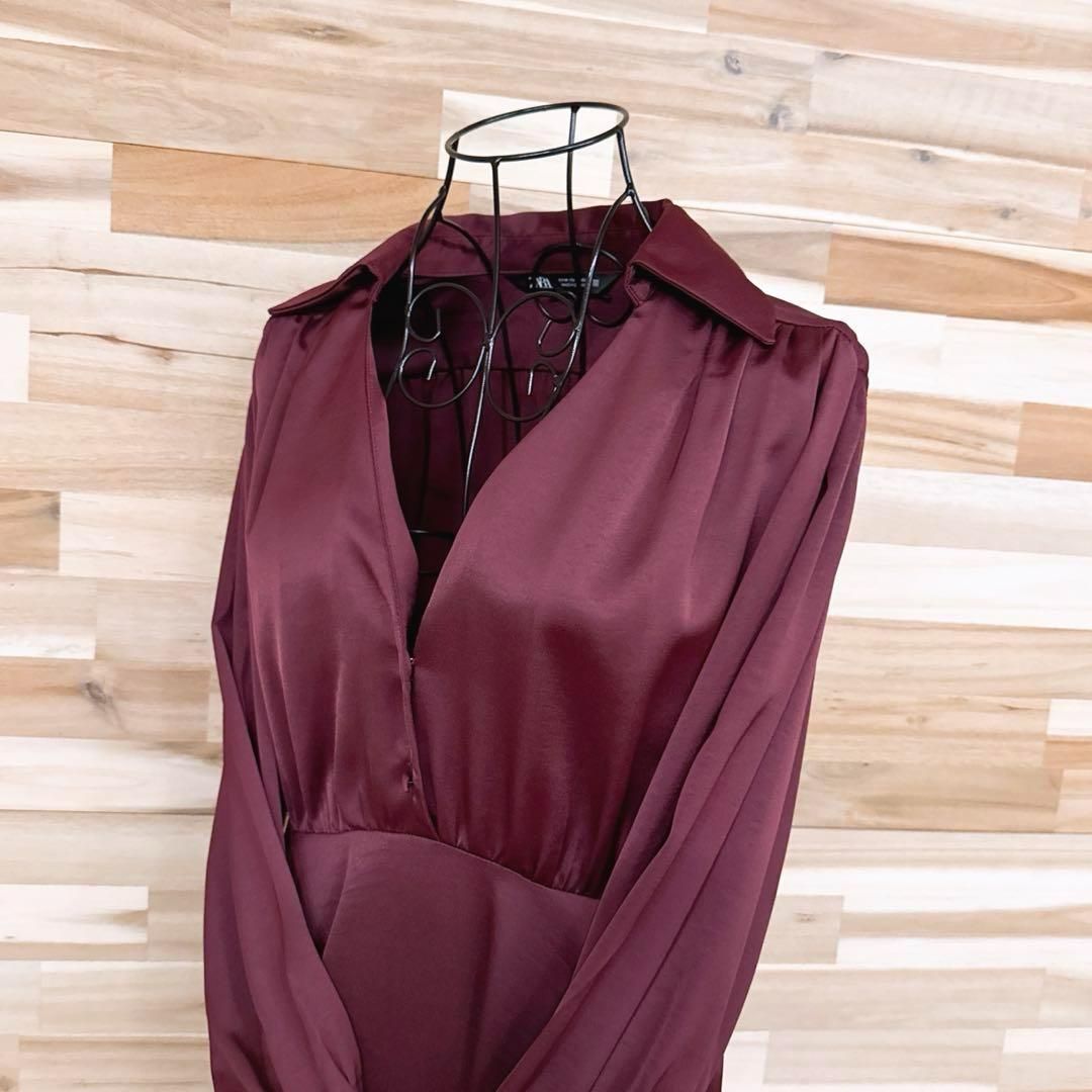 ザラ サテン フィッシュテール ロング ワンピース Vネック M赤ワインレッド ギャザー 切り替え 長袖 ドレス ワン