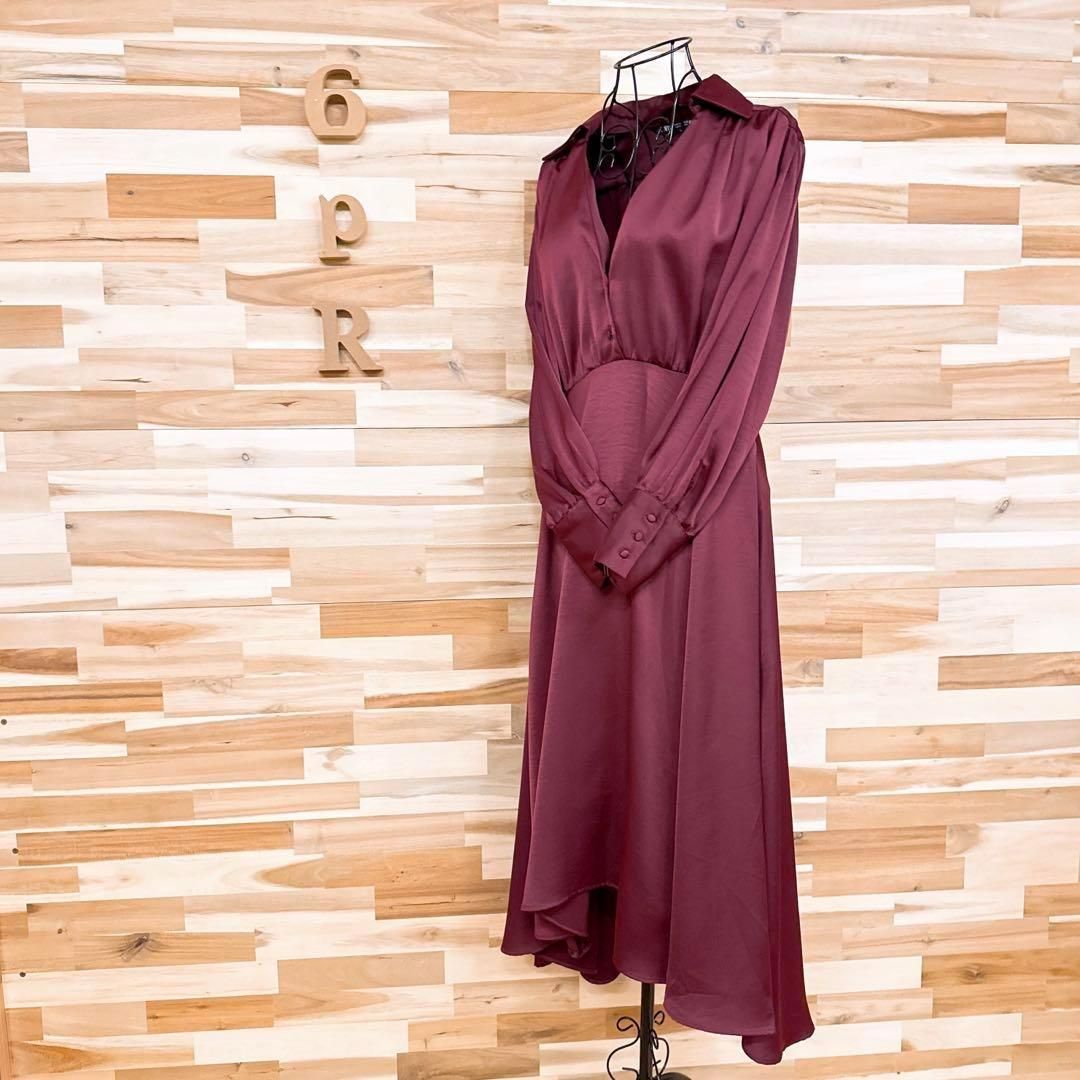 ザラ サテン フィッシュテール ロング ワンピース Vネック M赤ワインレッド ギャザー 切り替え 長袖 ドレス ワン