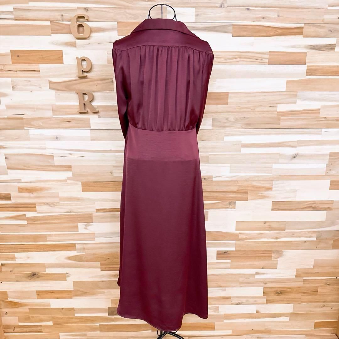  ザラ サテン フィッシュテール ロング ワンピース Vネック M赤ワインレッド ギャザー 切り替え 長袖 ドレス ワン 長袖 七分袖 カットソーワンピース