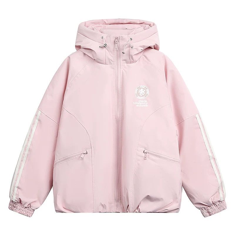 h アメリカンヒップホップ風 刺繍ロゴ × ストライプ フード付き中綿ジャケット 男女兼用 冬用 厚手カジュアルコート