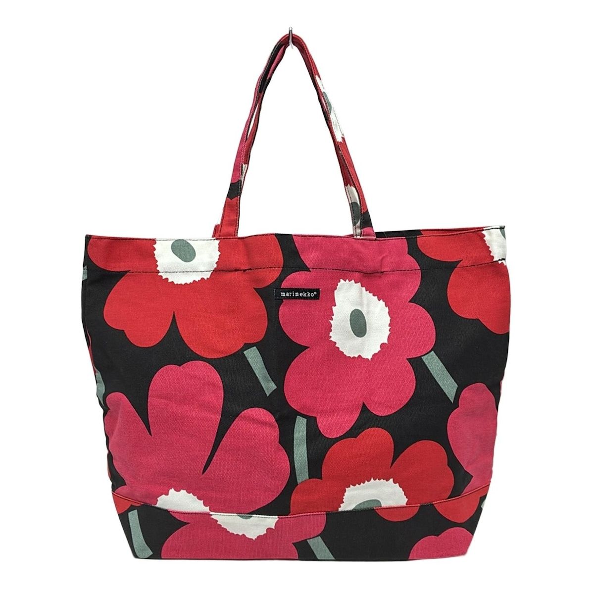 marimekko マリメッコ トートバッグ - 黒×レッド×白 花柄