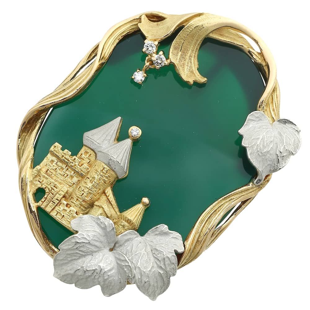 本物保証 鑑付 石川暢子 NOBUKO ISHIKAWA アズタイム ペンダント付ブローチ 21.8g K18YG Pt900 カルセドニー メレダイヤ 城