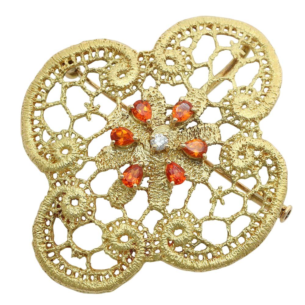 鑑付 ジュネ JEUNET ブローチ 18 0 g K YG イエローゴールド メレガーネット 1 23 ct メレダイヤモンド 07 花