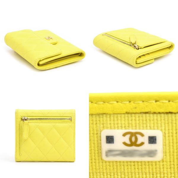 シャネル 財布 レディース マトラッセ 三つ折り財布 コンパクトウォレット ランダム キャビアスキン イエロー CHANEL
