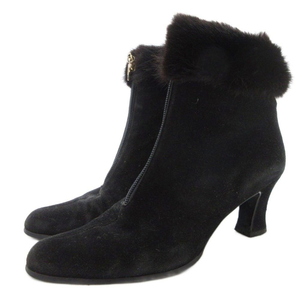 イヴサンローラン YVES SAINT LAURENT ショートブーツ ヒール バックジップ スエード ポインテッドトゥ ミンクファー 36 黒 ブラック GV GY 03