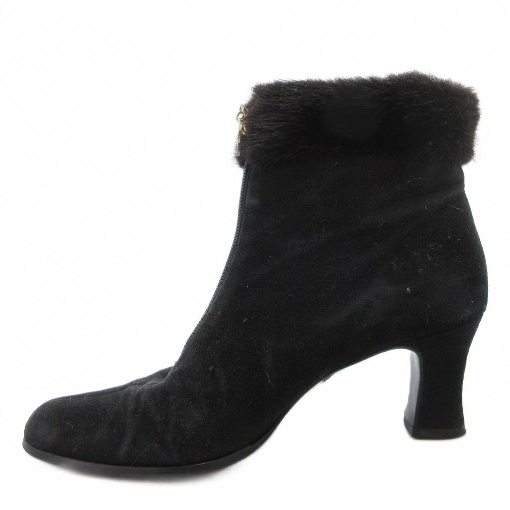 イヴサンローラン YVES SAINT LAURENT ショートブーツ ヒール バックジップ スエード ポインテッドトゥ ミンクファー 36 黒 ブラック GV GY 03
