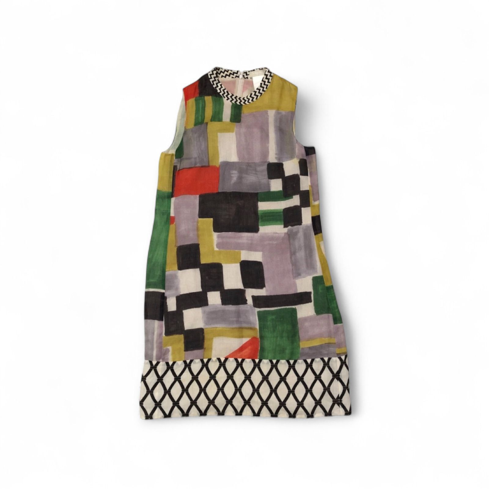 S.MAX MARA エスマックスマーラ Aライン 雑誌掲載 CLASSY ノースリーブ ワンピース 絵画 麻 パネルデザイン マルチ サイズ36 膝丈