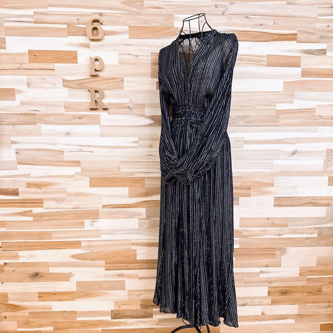 ザラ ストライプ ラメ メタル糸 ロング ドレス ワンピース ビーズ S 黒 Vネック メタリック シャーリング キラキラ 長袖