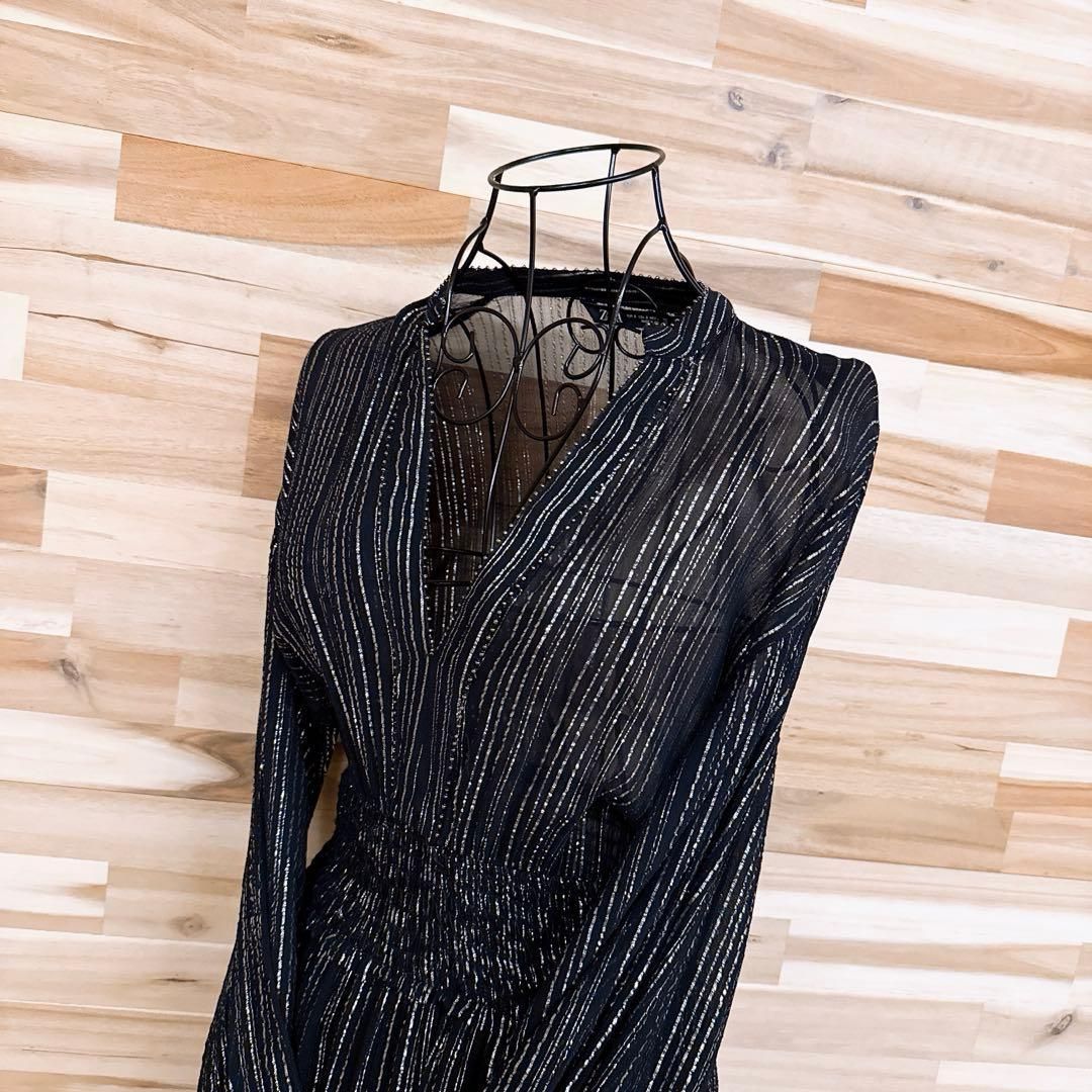 ザラ ストライプ ラメ メタル糸 ロング ドレス ワンピース ビーズ S 黒 Vネック メタリック シャーリング キラキラ 長袖