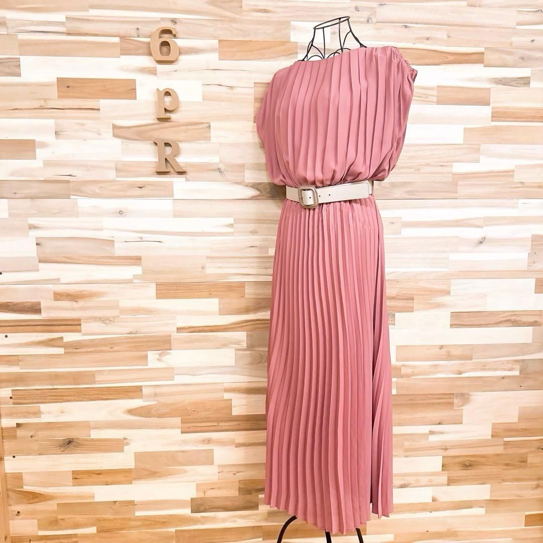 ザラ ノースリーブ プリーツ ロング ドレス ワンピース M ピンク×ベージュ ボートネック ベルト ウエストマーク くすみ色