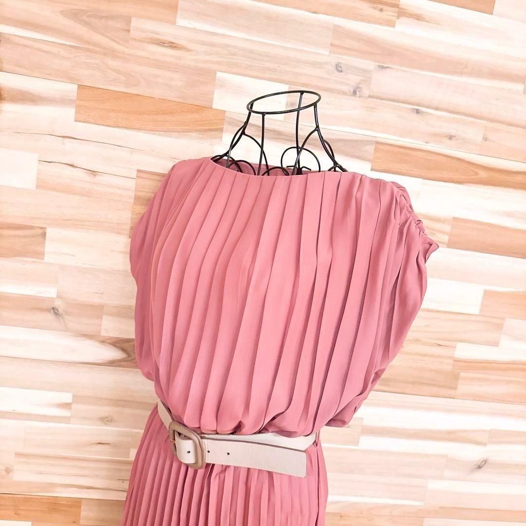 ザラ ノースリーブ プリーツ ロング ドレス ワンピース M ピンク×ベージュ ボートネック ベルト ウエストマーク くすみ色