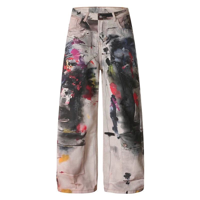 h アメリカンヴィンテージ風 ストリート グラフィックプリント ワイドデニムパンツ 男女兼用 感 ルーズストレート