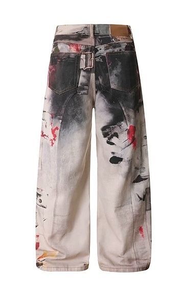 h アメリカンヴィンテージ風 ストリート グラフィックプリント ワイドデニムパンツ 男女兼用 感 ルーズストレート