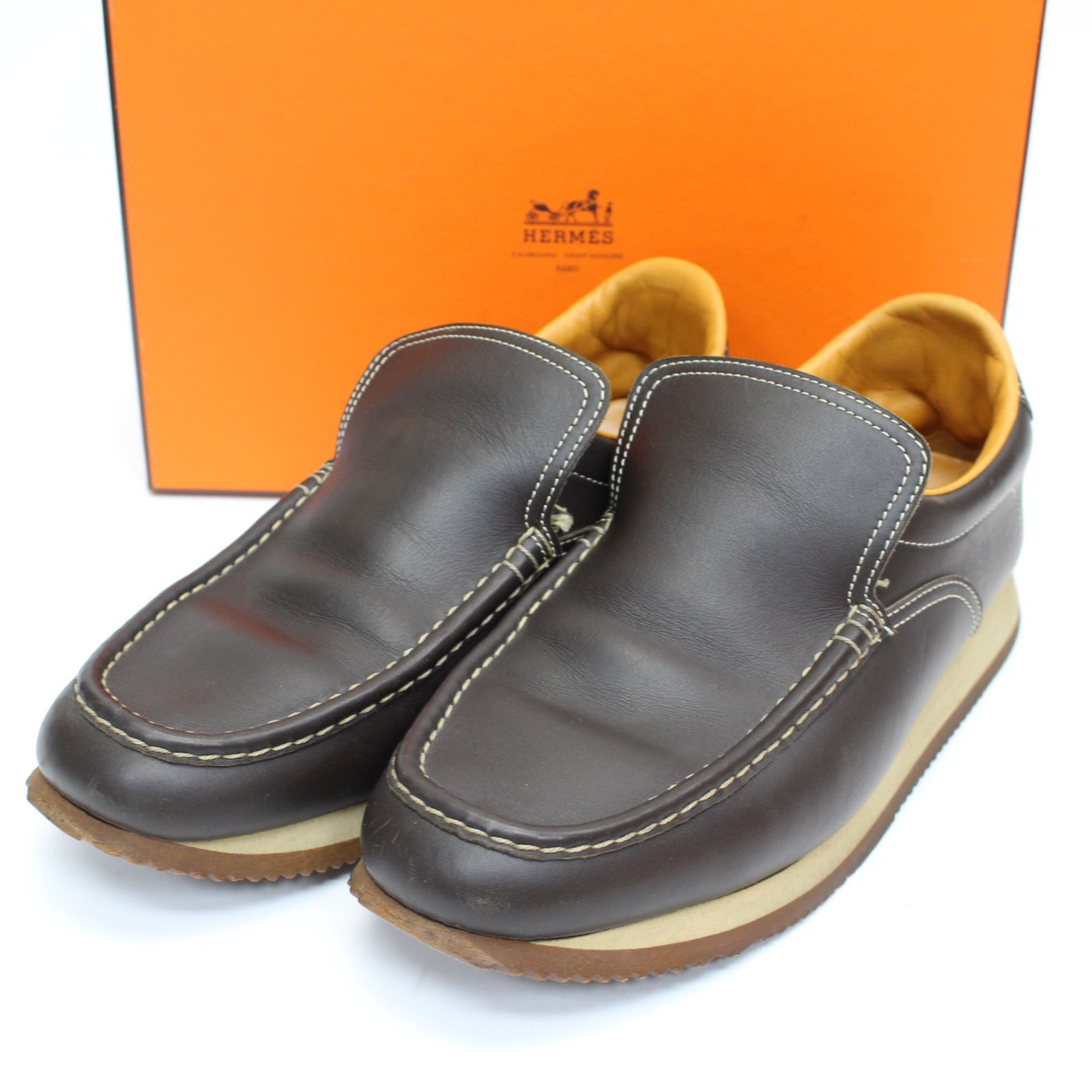 213 エルメス HERMES TURBO ターボ スニーカー スリッポン レザー 41.5 26.5cm 茶 ブラウン