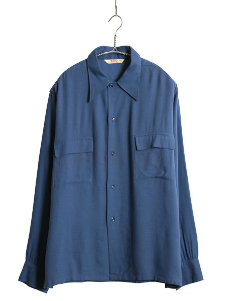 なクーポン配布中! 40s BVD レーヨン シャツ 15 16 メンズ L 程 ヴィンテージ 長袖シャツ ボックス フラップポケット 無地 青