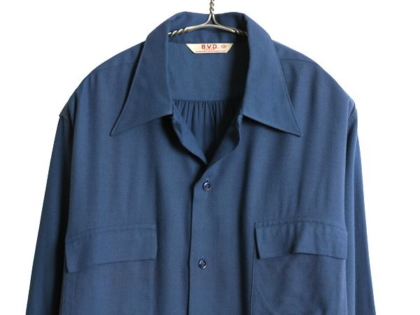 な ! 40 s BVD レーヨン シャツ 15 16 メンズ L 程 ヴィンテージ 長袖シャツ ボックス フラップポケット 無地 青